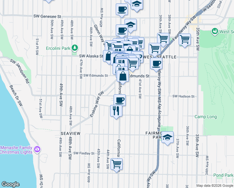 map of restaurants, bars, coffee shops, grocery stores, and more near 4847 California Avenue Southwest in Seattle
