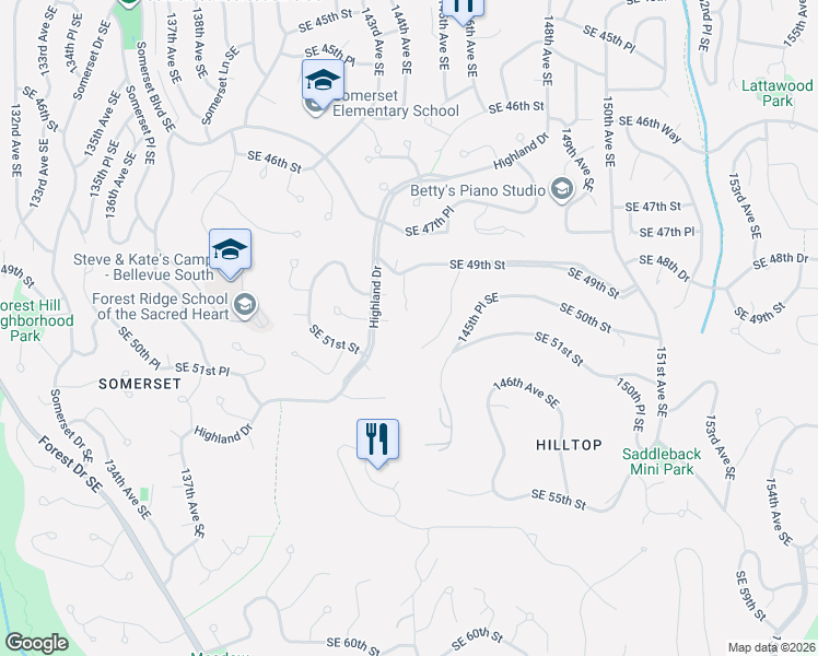 map of restaurants, bars, coffee shops, grocery stores, and more near 14325 Southeast 49th Street in Bellevue