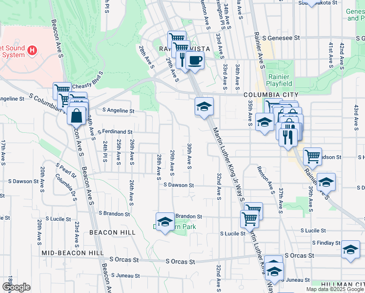 map of restaurants, bars, coffee shops, grocery stores, and more near 4919 30th Avenue South in Seattle