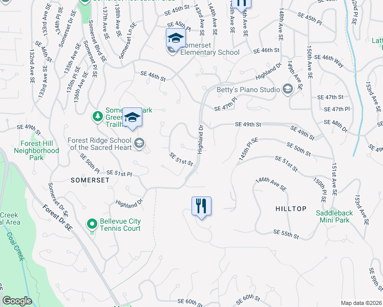 map of restaurants, bars, coffee shops, grocery stores, and more near 14205 Southeast 50th Street in Bellevue