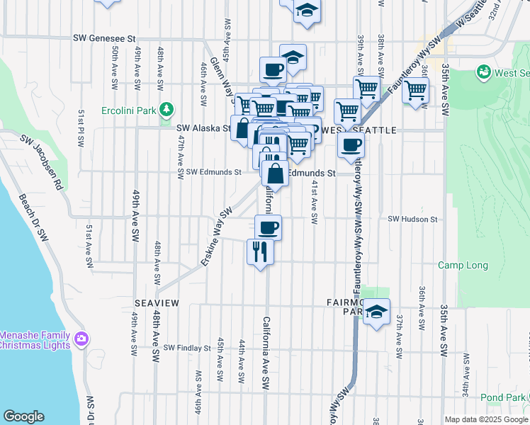 map of restaurants, bars, coffee shops, grocery stores, and more near 4847 California Avenue Southwest in Seattle