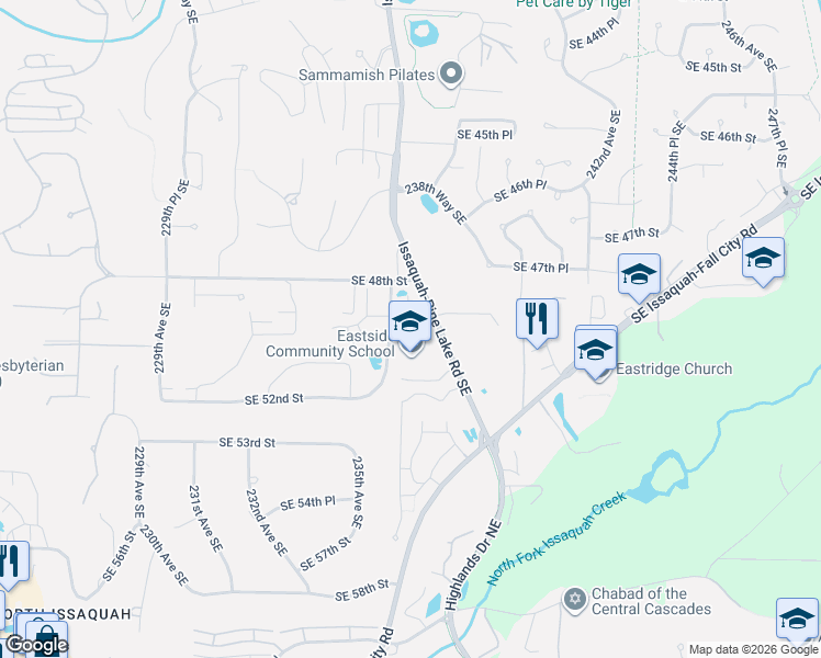 map of restaurants, bars, coffee shops, grocery stores, and more near 4995 236th Avenue Southeast in Issaquah
