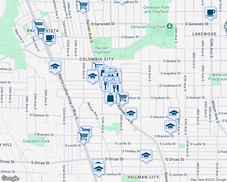 map of restaurants, bars, coffee shops, grocery stores, and more near 4910 Rainier Avenue South in Seattle
