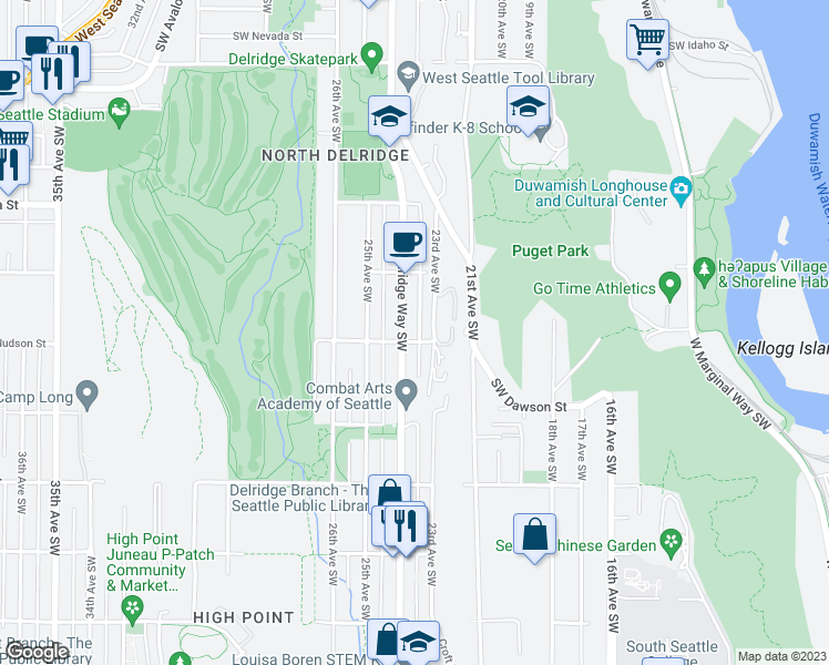 map of restaurants, bars, coffee shops, grocery stores, and more near 2316 Southwest Hudson Street in Seattle