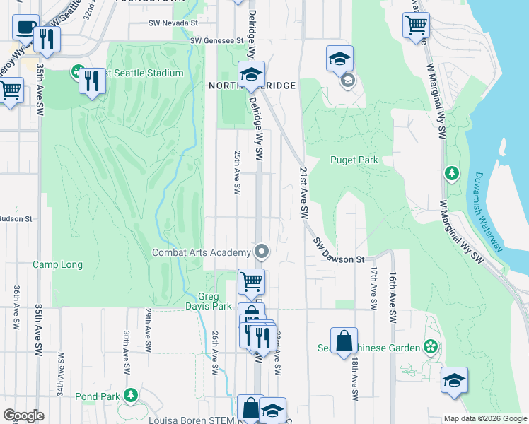 map of restaurants, bars, coffee shops, grocery stores, and more near 2316 Southwest Hudson Street in Seattle