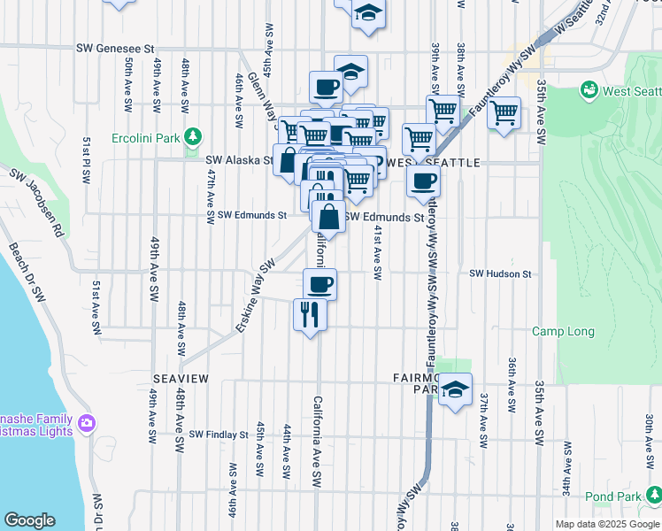 map of restaurants, bars, coffee shops, grocery stores, and more near 4850 California Avenue Southwest in Seattle