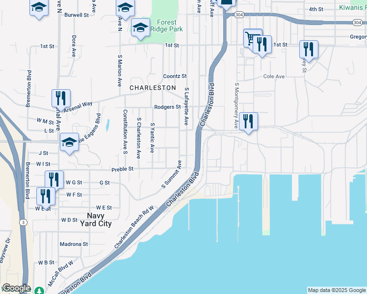 map of restaurants, bars, coffee shops, grocery stores, and more near 428 South Lafayette Avenue in Bremerton