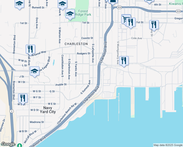 map of restaurants, bars, coffee shops, grocery stores, and more near 428 South Lafayette Avenue in Bremerton