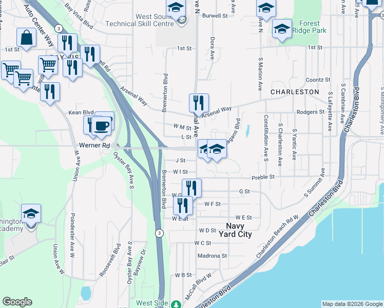 map of restaurants, bars, coffee shops, grocery stores, and more near 4108 J Street in Bremerton