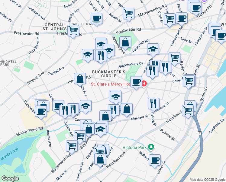 map of restaurants, bars, coffee shops, grocery stores, and more near 66 Saint Clare Avenue in St. John's
