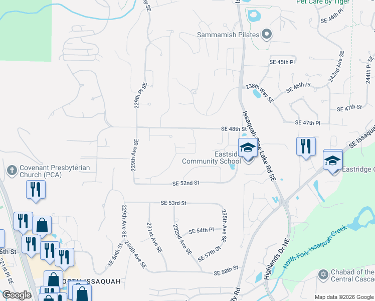 map of restaurants, bars, coffee shops, grocery stores, and more near 23228 Southeast 50th Street in Issaquah