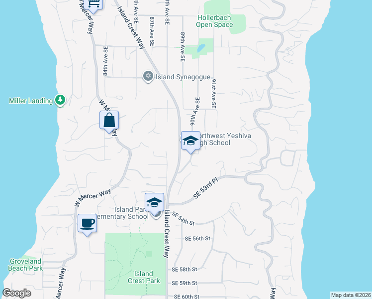 map of restaurants, bars, coffee shops, grocery stores, and more near 5017 90th Avenue Southeast in Mercer Island