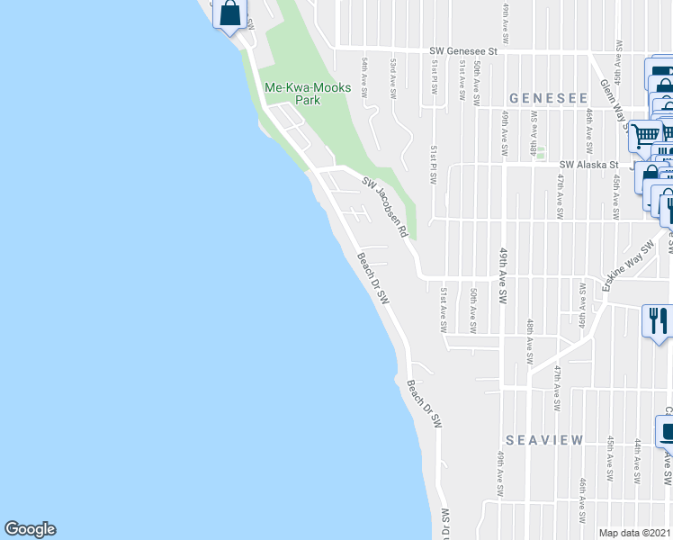 map of restaurants, bars, coffee shops, grocery stores, and more near 4875 Beach Drive Southwest in Seattle