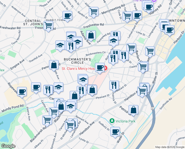 map of restaurants, bars, coffee shops, grocery stores, and more near 38 Saint Clare Avenue in St. John's