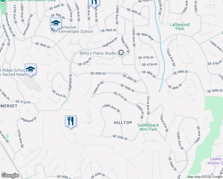 map of restaurants, bars, coffee shops, grocery stores, and more near 14560 Southeast 51st Street in Bellevue