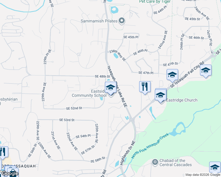 map of restaurants, bars, coffee shops, grocery stores, and more near 23735 Southeast 49th Street in Issaquah
