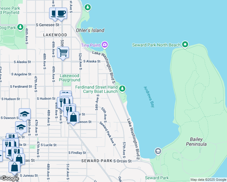 map of restaurants, bars, coffee shops, grocery stores, and more near 4927 Lake Washington Boulevard South in Seattle