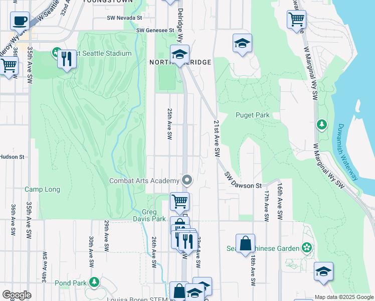 map of restaurants, bars, coffee shops, grocery stores, and more near 2316 Southwest Hudson Street in Seattle