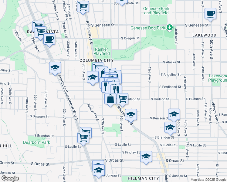 map of restaurants, bars, coffee shops, grocery stores, and more near 4902 Rainier Avenue South in Seattle