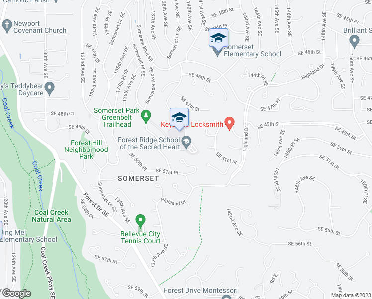 map of restaurants, bars, coffee shops, grocery stores, and more near 4800 139th Avenue Southeast in Bellevue