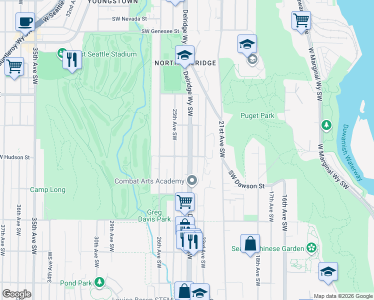 map of restaurants, bars, coffee shops, grocery stores, and more near 2316 Southwest Hudson Street in Seattle