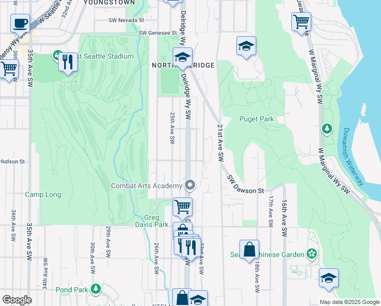 map of restaurants, bars, coffee shops, grocery stores, and more near 2316 Southwest Hudson Street in Seattle