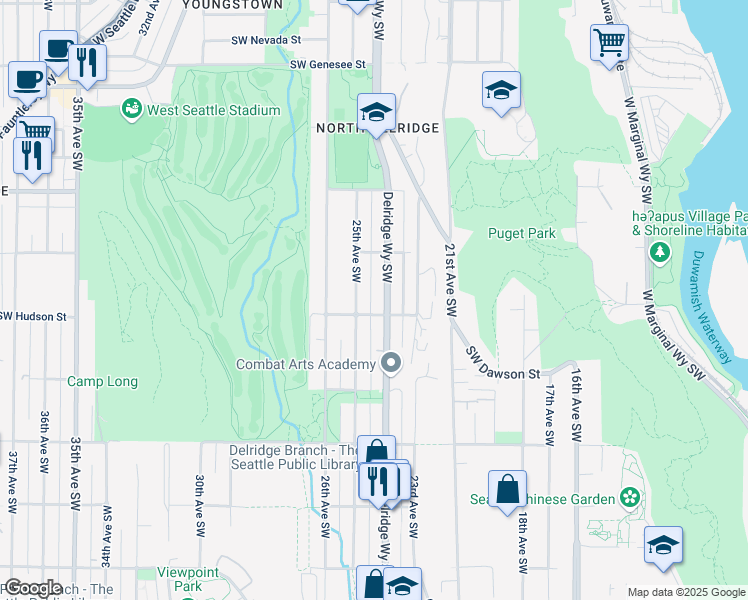 map of restaurants, bars, coffee shops, grocery stores, and more near 4856 25th Avenue Southwest in Seattle