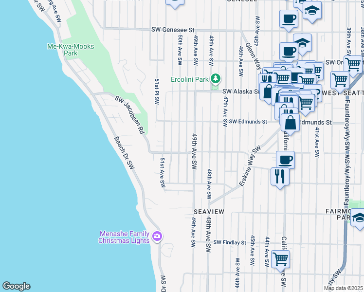 map of restaurants, bars, coffee shops, grocery stores, and more near 4850 50th Avenue Southwest in Seattle