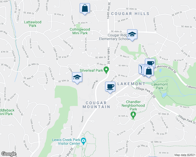 map of restaurants, bars, coffee shops, grocery stores, and more near 5007 163rd Place Southeast in Bellevue