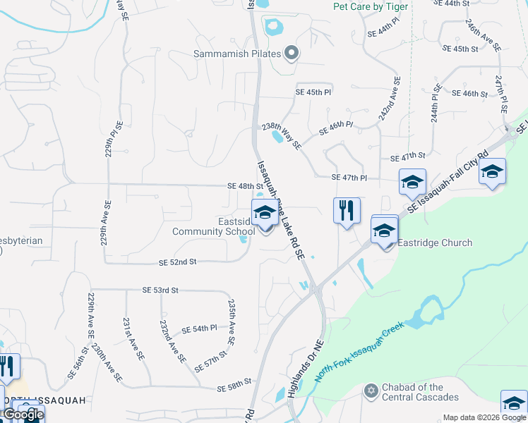 map of restaurants, bars, coffee shops, grocery stores, and more near 23735 Southeast 49th Street in Issaquah