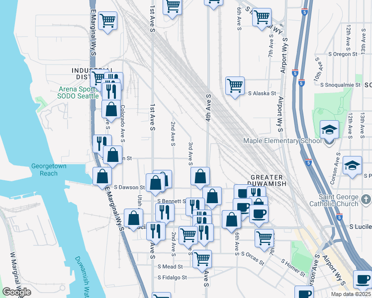 map of restaurants, bars, coffee shops, grocery stores, and more near 210 South Hudson Street in Seattle