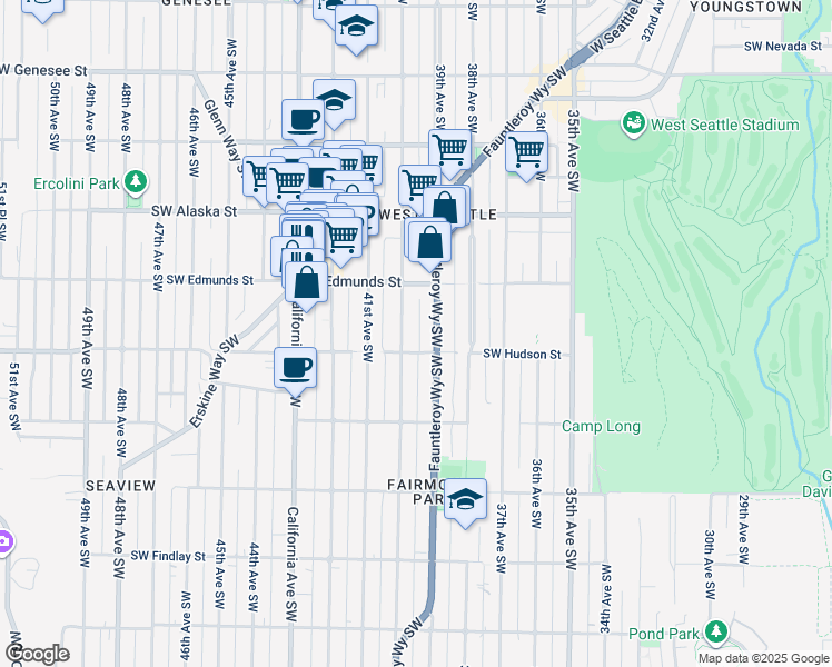 map of restaurants, bars, coffee shops, grocery stores, and more near 4840 40th Avenue Southwest in Seattle