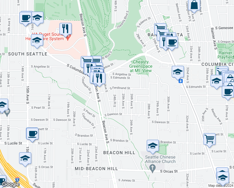 map of restaurants, bars, coffee shops, grocery stores, and more near 4916 24th Place South in Seattle