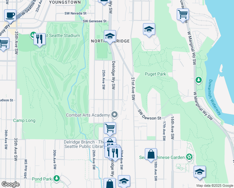map of restaurants, bars, coffee shops, grocery stores, and more near 2316 Southwest Hudson Street in Seattle