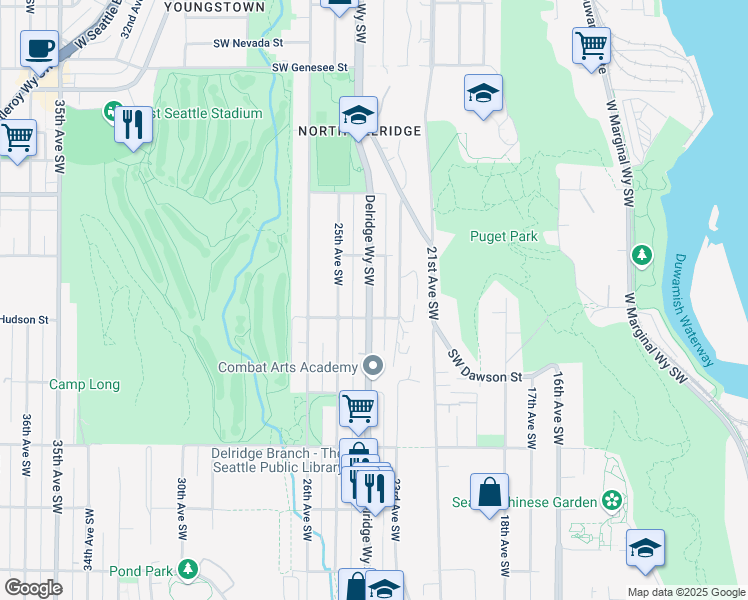 map of restaurants, bars, coffee shops, grocery stores, and more near 2316 Southwest Hudson Street in Seattle