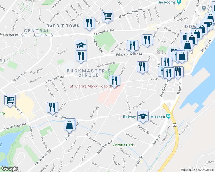 map of restaurants, bars, coffee shops, grocery stores, and more near 12 Golf Avenue in St. John's