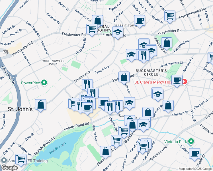 map of restaurants, bars, coffee shops, grocery stores, and more near 299 Pennywell Road in St. John's