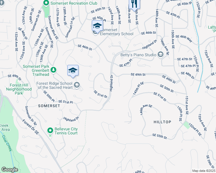 map of restaurants, bars, coffee shops, grocery stores, and more near 5030 Highland Drive in Bellevue