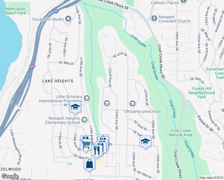map of restaurants, bars, coffee shops, grocery stores, and more near 12018 Southeast 51st Street in Bellevue
