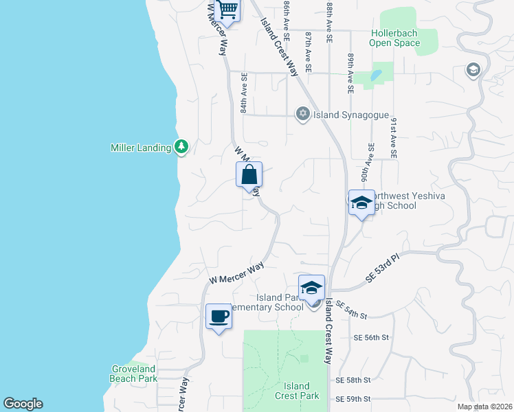 map of restaurants, bars, coffee shops, grocery stores, and more near 5041 West Mercer Way in Mercer Island