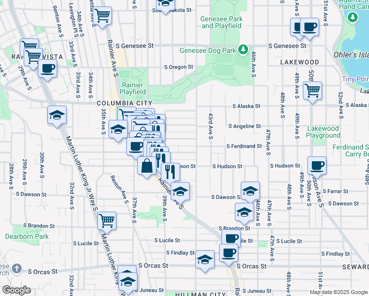 map of restaurants, bars, coffee shops, grocery stores, and more near 3942 South Hudson Street in Seattle