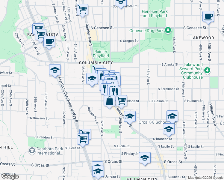 map of restaurants, bars, coffee shops, grocery stores, and more near 4910 Rainier Avenue South in Seattle