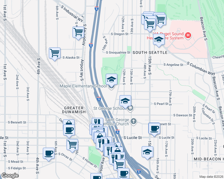 map of restaurants, bars, coffee shops, grocery stores, and more near 4925 Corson Avenue South in Seattle