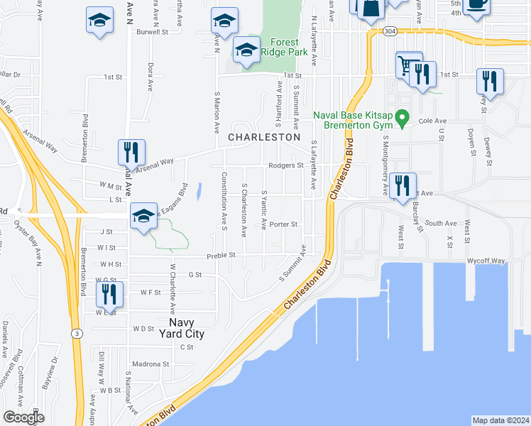 map of restaurants, bars, coffee shops, grocery stores, and more near 418 South Yantic Avenue in Bremerton