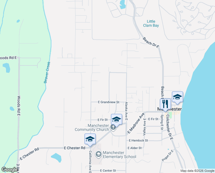 map of restaurants, bars, coffee shops, grocery stores, and more near 2602 Oregon Street East in Port Orchard