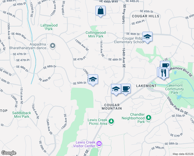 map of restaurants, bars, coffee shops, grocery stores, and more near 5105 162nd Place Southeast in Bellevue