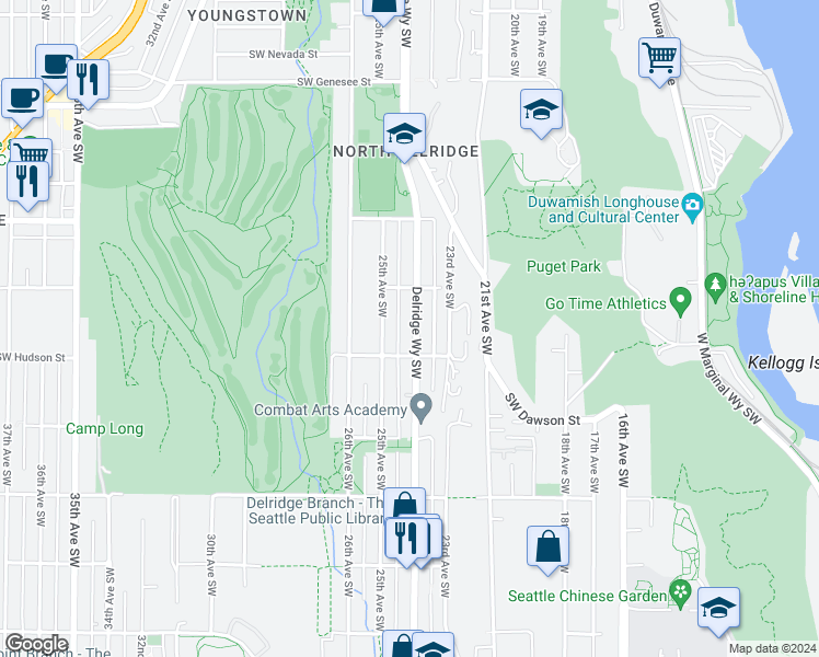 map of restaurants, bars, coffee shops, grocery stores, and more near 2316 Southwest Hudson Street in Seattle