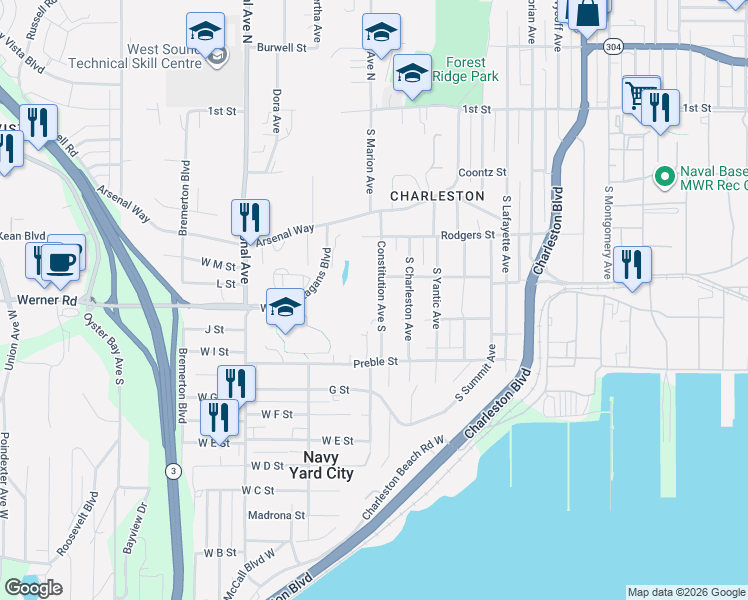 map of restaurants, bars, coffee shops, grocery stores, and more near 3509 Porter Street in Bremerton