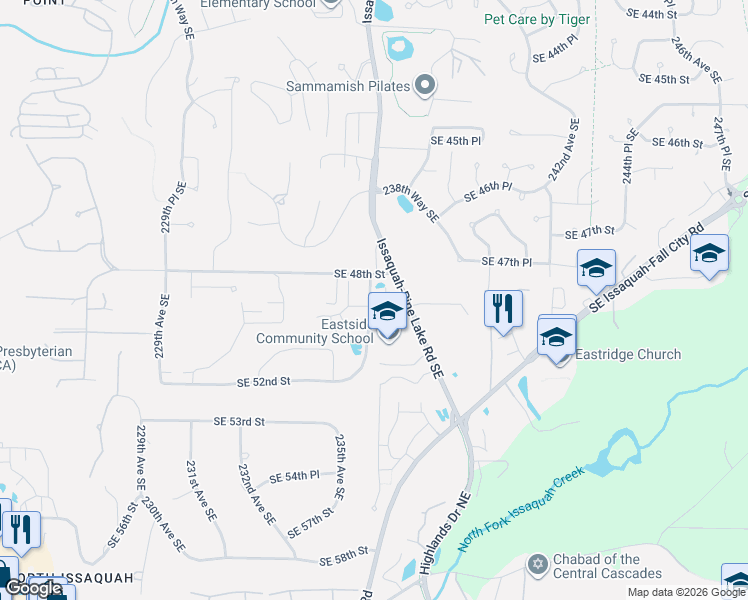 map of restaurants, bars, coffee shops, grocery stores, and more near 23642 Southeast 49th Street in Issaquah