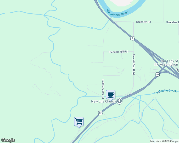 map of restaurants, bars, coffee shops, grocery stores, and more near 7698 Roller Coaster Road in Peshastin